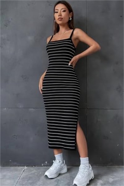 Kadın Askılı Yandan Yırtmaçlı Uzun Ottoman Elbise - Seçenekler: 2XL-3XL, S-M, L-XL