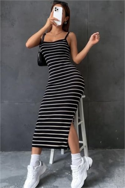 Kadın Askılı Yandan Yırtmaçlı Uzun Ottoman Elbise - Seçenekler: 2XL-3XL, S-M, L-XL