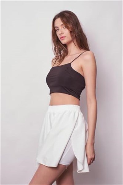 Kadın Bol Kesim Yüksek Bel Beli Lastikli Taytlı Spor Şort Etek-Beyaz