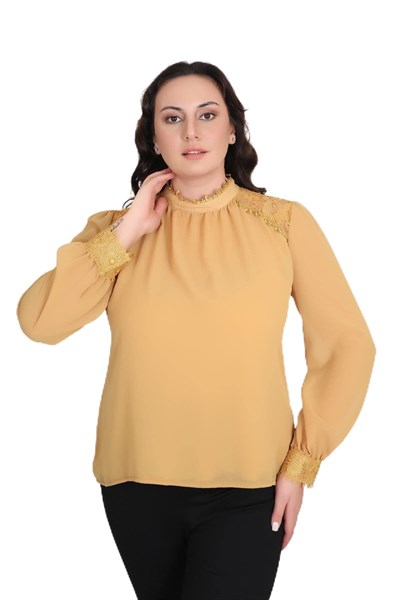 Kadın Büyük Beden Jessica Kumaş Sifon Kol Dantel Manşet Uzun Kol Bluz
