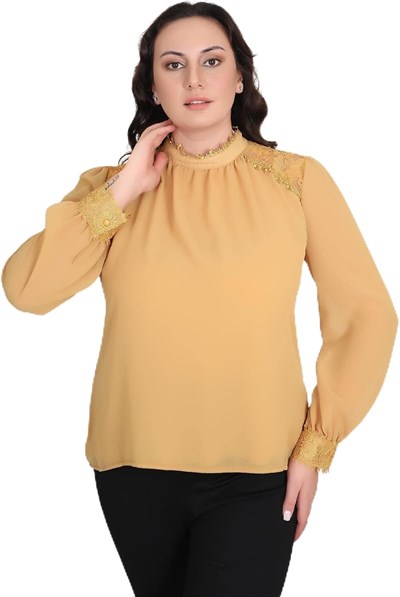 Kadın Büyük Beden Jessica Kumaş Sifon Kol Dantel Manşet Uzun Kol Bluz