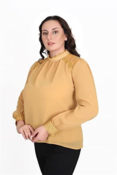 Kadın Büyük Beden Jessica Kumaş Sifon Kol Dantel Manşet Uzun Kol Bluz