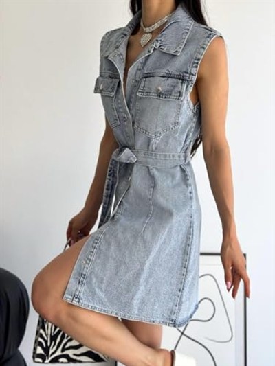 Kadın Çıtçıt Kapamalı Kuşaklı Kot Elbise Kolsuz Çift Cepli Cepler Kapamasız No430-9644
