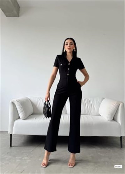 Kadın Düğme Detay Gömlek Yaka Kısa Kol Bilek Boy Vatkalı Krep Kumaş Tulum