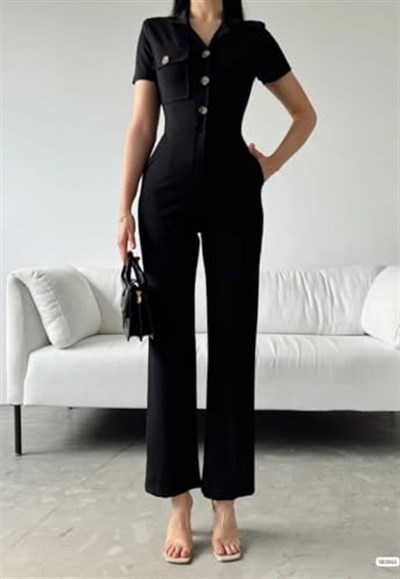 Kadın Düğme Detay Gömlek Yaka Kısa Kol Bilek Boy Vatkalı Krep Kumaş Tulum