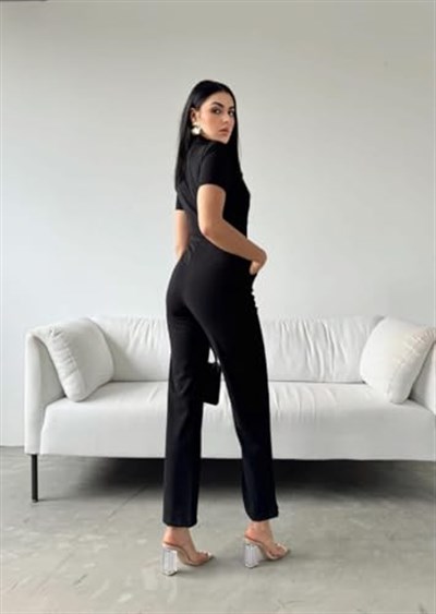 Kadın Düğme Detay Gömlek Yaka Kısa Kol Bilek Boy Vatkalı Krep Kumaş Tulum