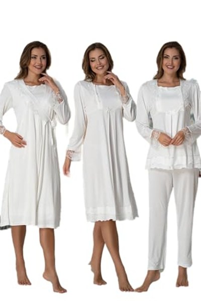Kadın Ekru Hamile Lohusa Sabahlıklı Gecelik Ve Pijama Takım, 2XL, ES2020EF-869DST0018389