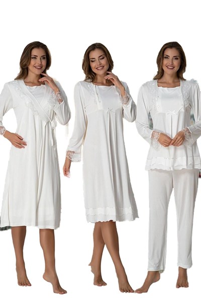 Kadın Ekru Hamile Lohusa Sabahlıklı Gecelik Ve Pijama Takım, 2XL, ES2020EF-869BST0005218