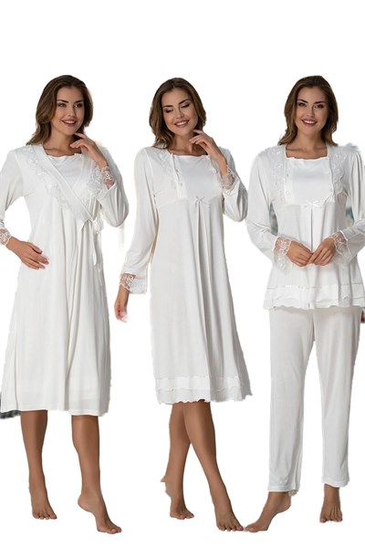 Kadın Ekru Hamile Lohusa Sabahlıklı Gecelik Ve Pijama Takım, S, ES2020EF-869DST0018393