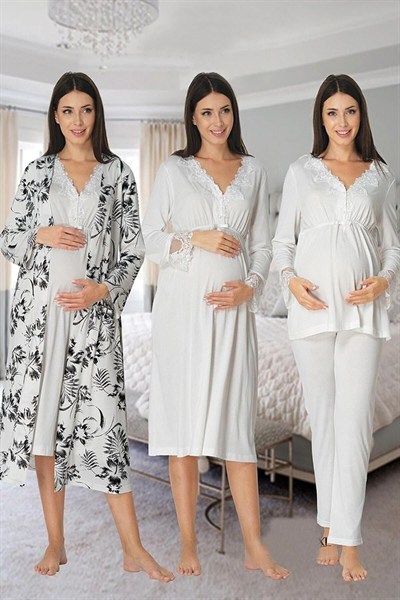 Kadın Ekru Hamle Lohusa Sabahlıklı Gecelik Ve Pjama Takımı 4lü Set