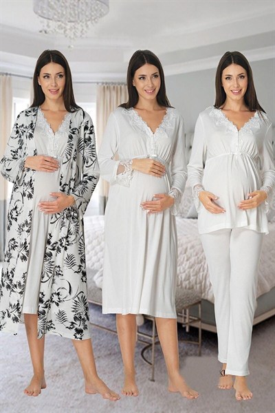 Kadın Ekru Hamle Lohusa Sabahlıklı Gecelik Ve Pjama Takımı 4lü Set