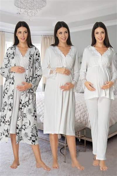 Kadın Ekru Hamle Lohusa Sabahlıklı Gecelik Ve Pjama Takımı 4lü Set