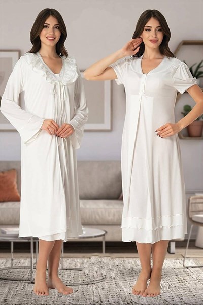 Kadın Ekru Sabahlıklı Hamile Lohusa Gecelik Takım (Ekru / 2XL)-Effortt8025-19804IGP27167922