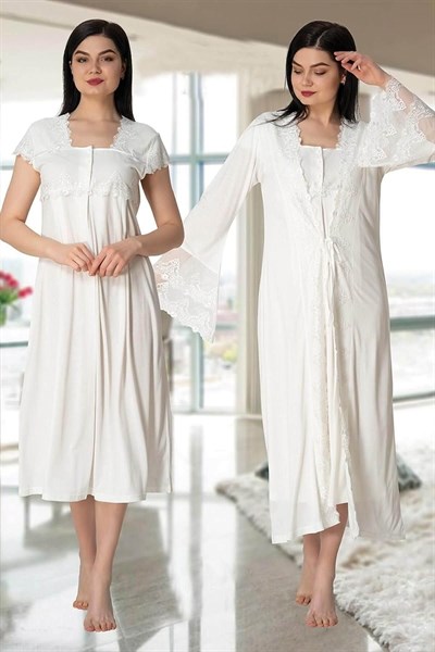 Kadın Ekru Uzun Prenses Sabahlıklı Sabahlıklı Hamile Lohusa Gecelik Takımı (Ekru / 2XL)