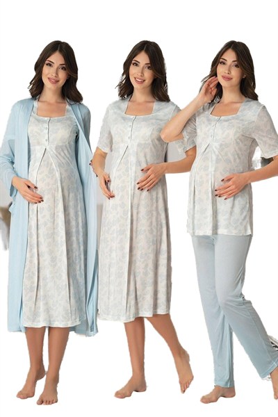 Kadın Gri Hamile Lohusa Sabahlık Gecelik Pijama Takım 4lü Set