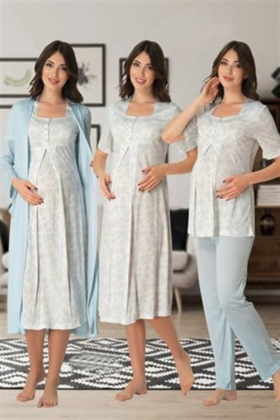 Kadın Gri Hamile Lohusa Sabahlık Gecelik Pijama Takım 4lü Set