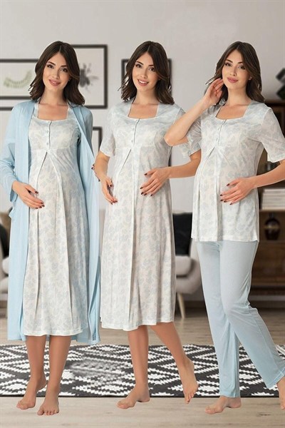 Kadın Gri Hamile Lohusa Sabahlık Gecelik Pijama Takım 4lü Set