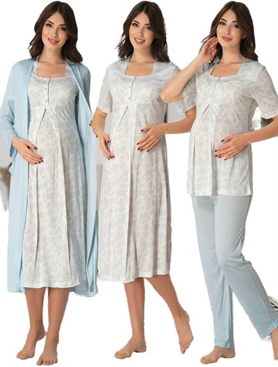 Kadın Gri Hamile Lohusa Sabahlık Gecelik Pijama Takım 4lü Set