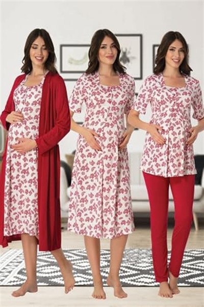 Kadın Gri Hamile Lohusa Sabahlıklı Gecelik Ve Pijama Takımı 4lü Set