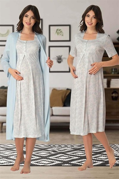 Kadın Gri Hamile Lohusa Sabahlıklı Gecelik Takım 2 Li Set (Gri / 2XL)