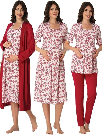 Kadın Gri Hamile Lohusa Sabahlıklı Gecelik Ve Pijama Takımı 4lü Set