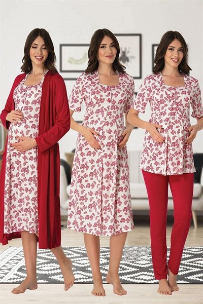 Kadın Gri Hamile Lohusa Sabahlıklı Gecelik Ve Pijama Takımı 4lü Set