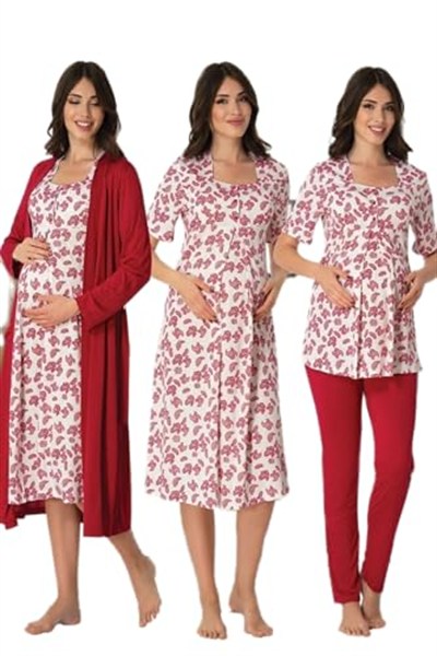 Kadın Gri Hamile Lohusa Sabahlıklı Gecelik Ve Pijama Takımı 4lü Set