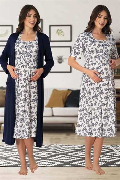 Kadın Gri Hamile Lohusa Sabahlıklı Gecelik Takım 2 Li Set (Gri / 2XL)