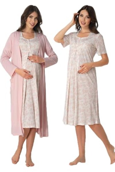 Kadın Gri Hamile Lohusa Sabahlıklı Gecelik Takım 2 Li Set (Gri / 2XL)