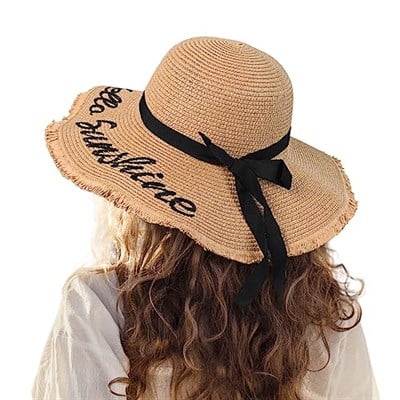 Kadın Hasır Güneş Plaj Şapkası Disket Geniş Kenarlı Katlanabilir Paketlenebilir Seyahat Tropikal Tatil Yaz UV Şapka, Haki/Hello Sunshine, M-XL
