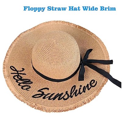 Kadın Hasır Güneş Plaj Şapkası Disket Geniş Kenarlı Katlanabilir Paketlenebilir Seyahat Tropikal Tatil Yaz UV Şapka, Haki/Hello Sunshine, M-XL