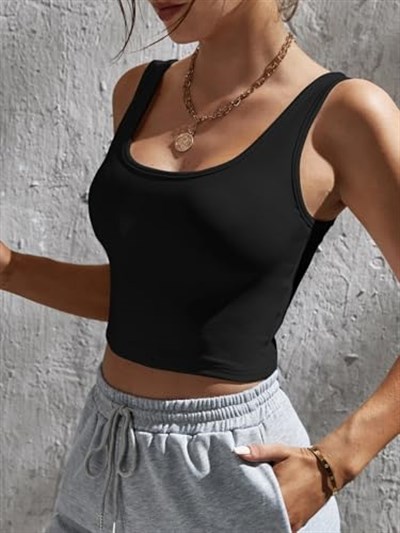Kadın Kare Yaka Siyah Slim Fit Crop Top Bluz