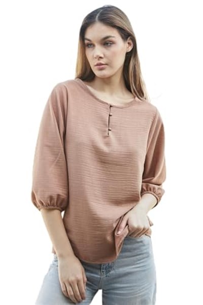 Kadın Keten Geniş Sıfır Yaka Yakası Düğmeli Kolları Lastikli Bluz -Camel