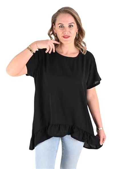 Kadın Kısa Kollu Tunik Bluz Eteği Fırfırlı Tunik