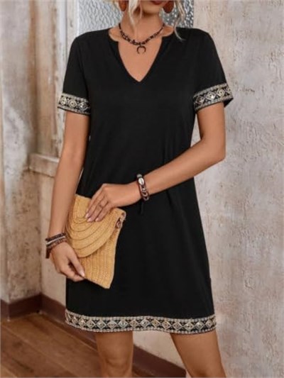 Kadın Kısa Kollu V Yakalı Mini Krep Elbise - Seçenekler: 2XL-3XL, S-M, L-XL