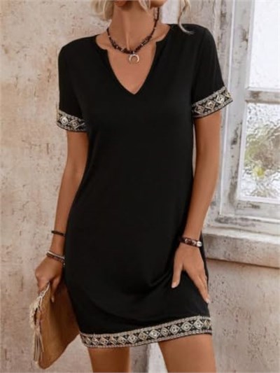 Kadın Kısa Kollu V Yakalı Mini Krep Elbise - Seçenekler: 2XL-3XL, S-M, L-XL