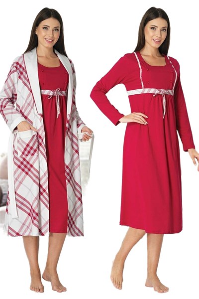 Kadın Lacivert Hamile Lohusa Sabahlık Ve Gecelik Takım (Lacivert / 2XL)