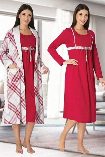 Kadın Lacivert Hamile Lohusa Sabahlık Ve Gecelik Takım (Lacivert / 2XL)