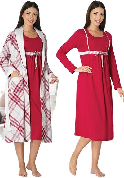 Kadın Lacivert Hamile Lohusa Sabahlık Ve Gecelik Takım (Lacivert / 2XL)