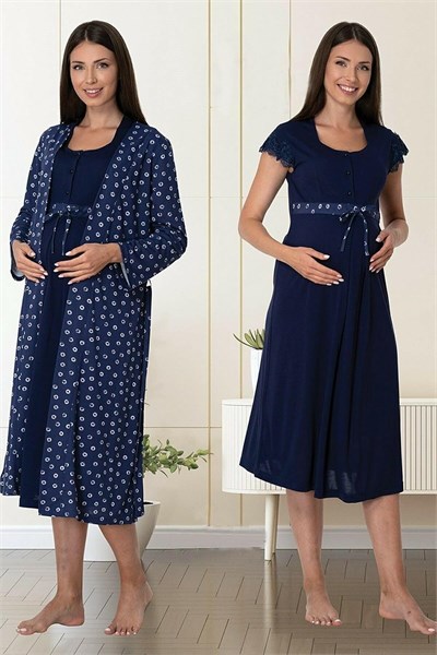 Kadın Lacivert Sabahlıklı Hamile-Lohusa Gecelik Takımı, XL, PIJEFF6015-86D0018318268