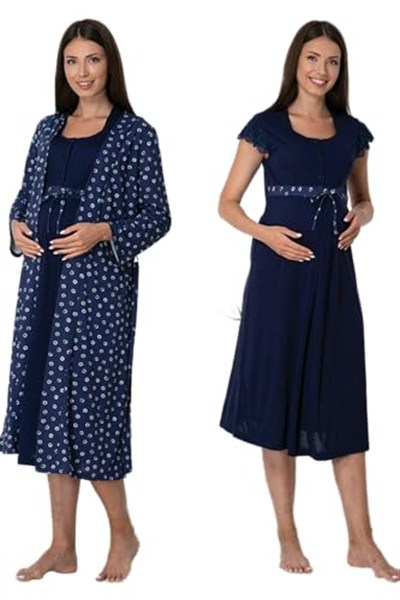 Kadın Lacivert Sabahlıklı Hamile-Lohusa Gecelik Takımı, 2XL, PIJEFF6015-86D0018319461