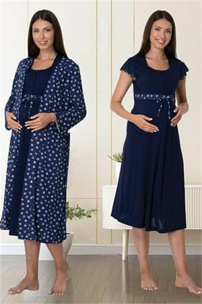 Kadın Lacivert Sabahlıklı Hamile-Lohusa Gecelik Takımı, XL, PIJEFF6015-86D0018318268