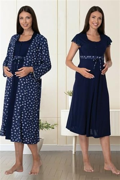 Kadın Lacivert Sabahlıklı Hamile-Lohusa Gecelik Takımı, 2XL, PIJEFF6015-86D0018319461