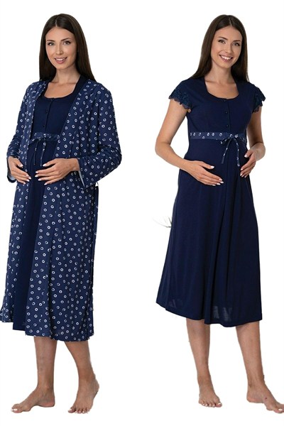 Kadın Lacivert Sabahlıklı Hamile-Lohusa Gecelik Takımı, 2XL, PIJEFF6015-86D0018319461