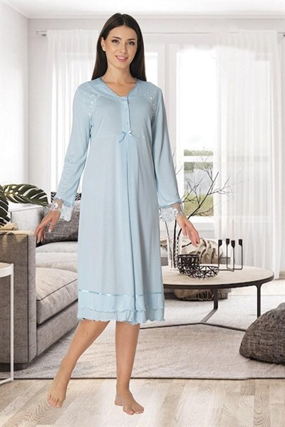 Kadın Mavi Dantelli Hamile Lohusa Gecelik, 2XL, EFW2423EF-86D0018320261