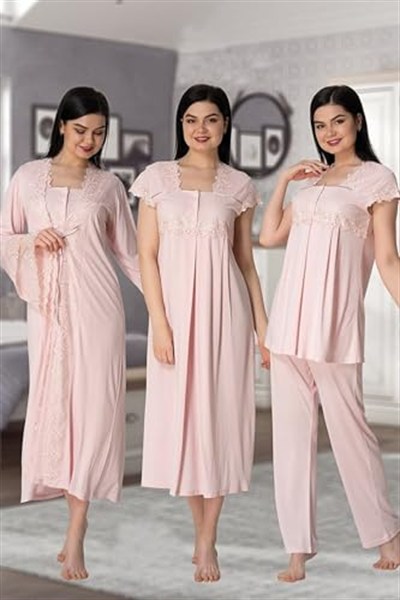 Kadın Mavi Hamile Lohusa 4lü Sabahlık Pijama Gecelik Set