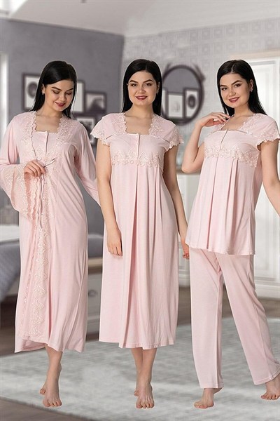 Kadın Mavi Hamile Lohusa 4lü Sabahlık Pijama Gecelik Set