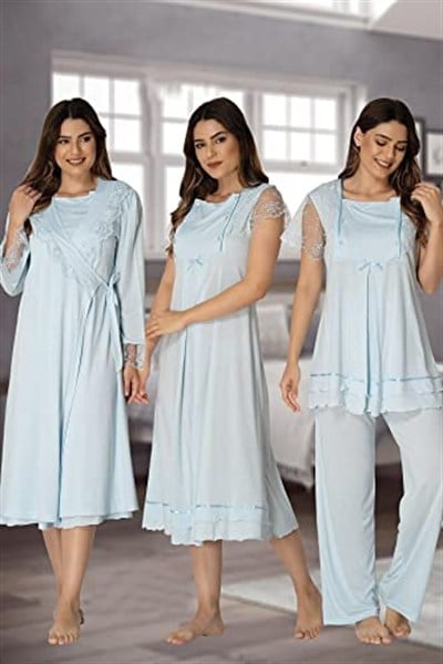 Kadın Mavi Hamile Lohusa Sabahlıklı Gecelik VE Pijama Takım (Mavi/XL)