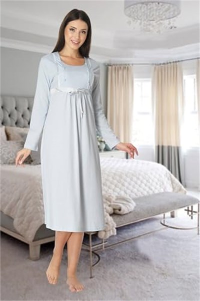 Kadın Mavi Lohusa Hamile Gecelik, XL, PIJEFF8083-86D0018320061