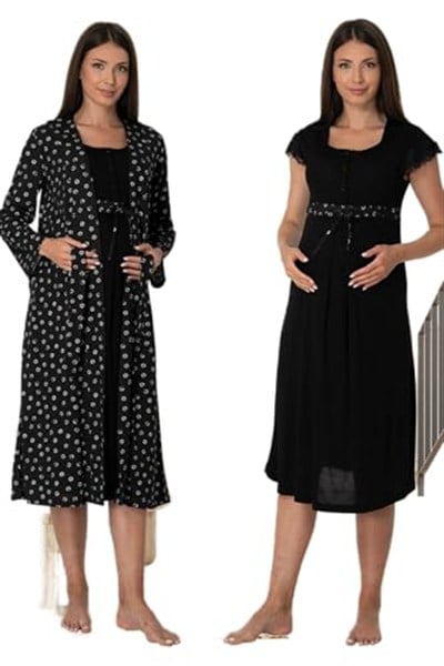 Kadın Mavi Sabahlıklı Hamile Lohusa Gecelik Takımı (Mavi / 2XL)-EF6015EF-19804IGP260207